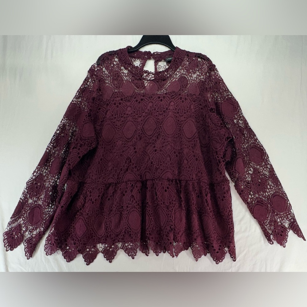 LANE BRYANT Womens Burgundy Scalloped Lace Bell Sleeve Babydoll Top Cami Size 24